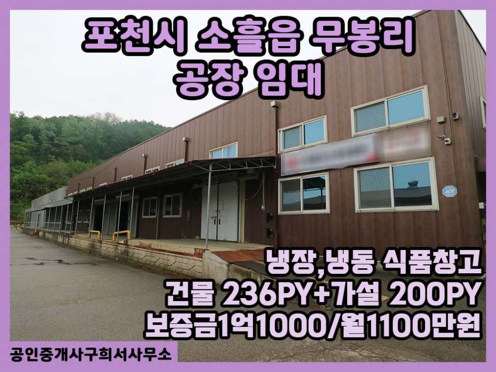 경기 포천시 소흘읍 무봉리 [냉장,냉동 보관창고 (공장) 임대] 포천시 소흘읍 무봉리 / 교통편리 / 건물 236PY+가설 200PY / 내부렉설치 / 월세 매물번호 10291 사진 1